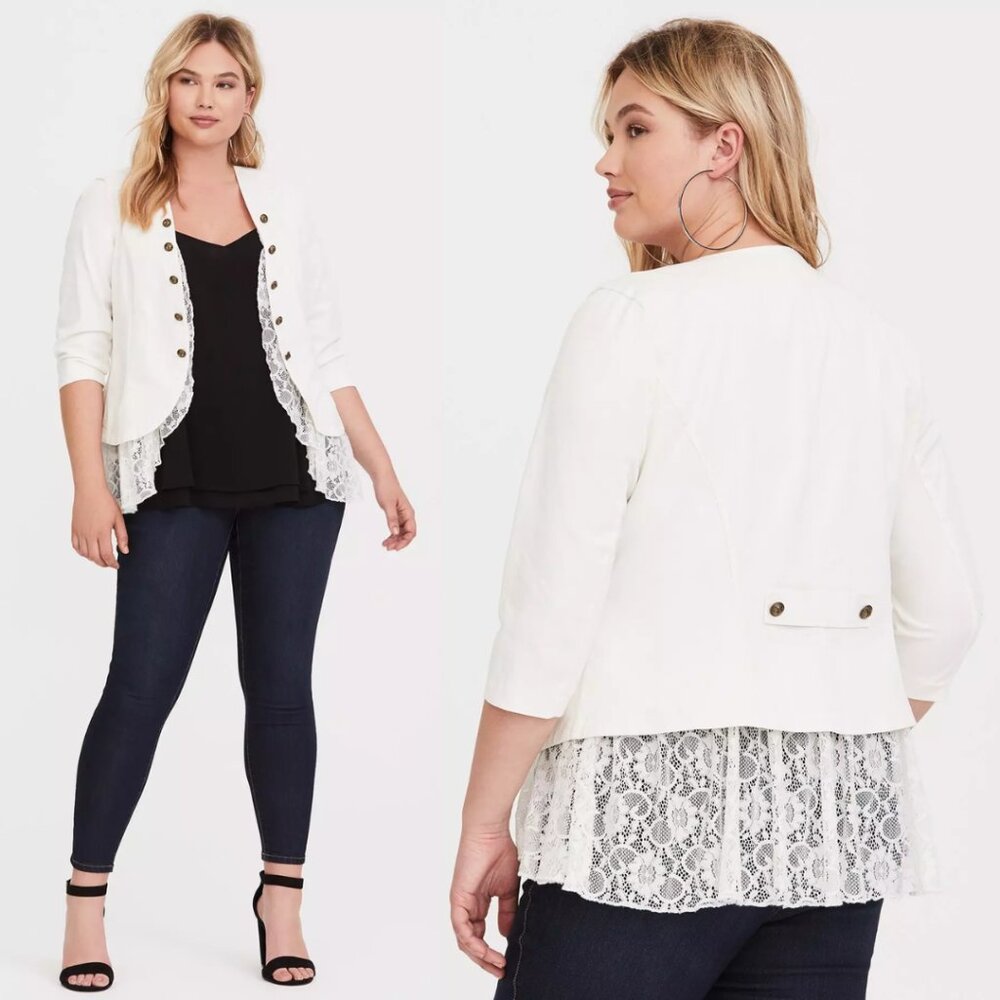 Torrid White Ivory Twill Lace Peplum Open Front Blazer